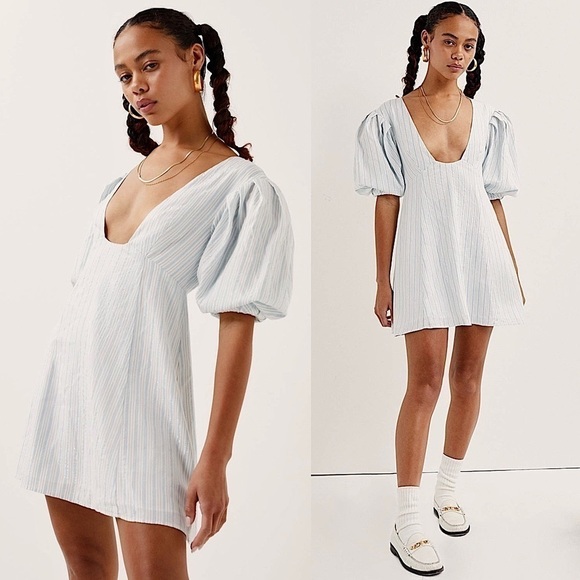 LOVE & LEMONS 90s Puff Short Sleeve Stripe Plunge Square Neck Babydoll Dress XS - Picture 1 of 5
